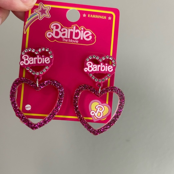 NWT Barbie the Movie Pink Glitter & Crystal Heart Earrings - Picture 8 of 9